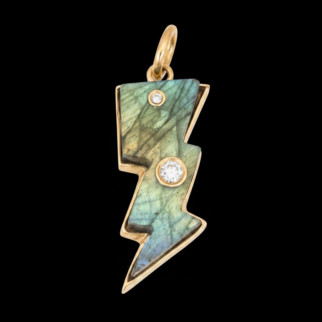 Labradorite Lightning Bolt Pendant with Diamonds and 14k Gold