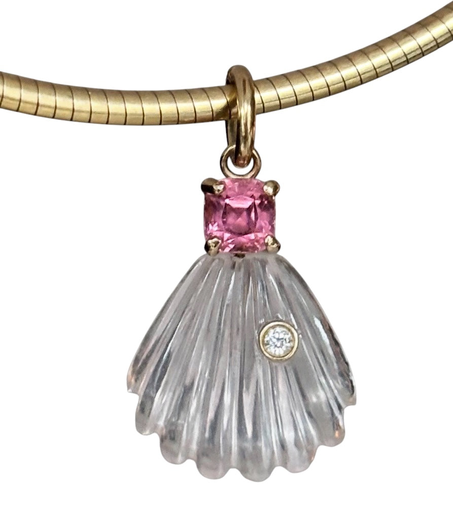 Rose Quartz Shell Pendant with Diamond, Pink Tourmaline & 14k Gold