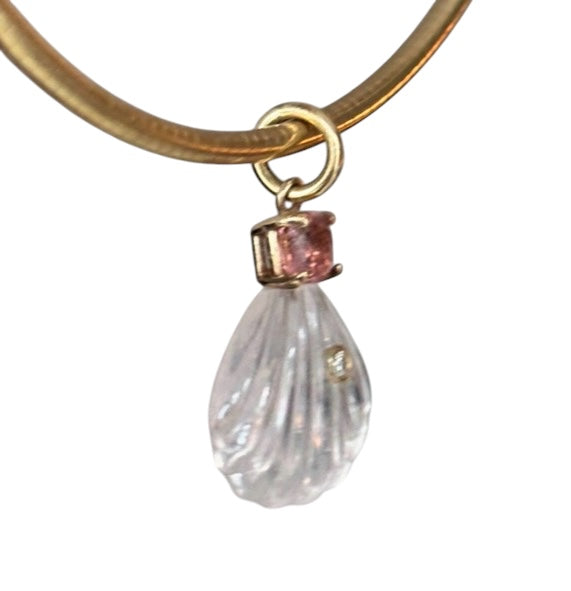 Rose Quartz Shell Pendant with Diamond, Pink Tourmaline & 14k Gold