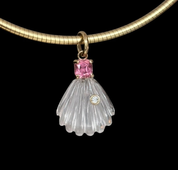Rose Quartz Shell Pendant with Diamond, Pink Tourmaline & 14k Gold