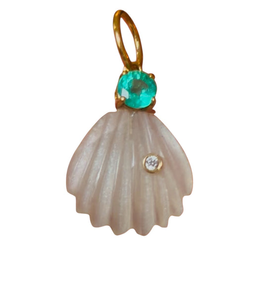 Sea Shell Pendant, Moonstone with Diamond and Emerald