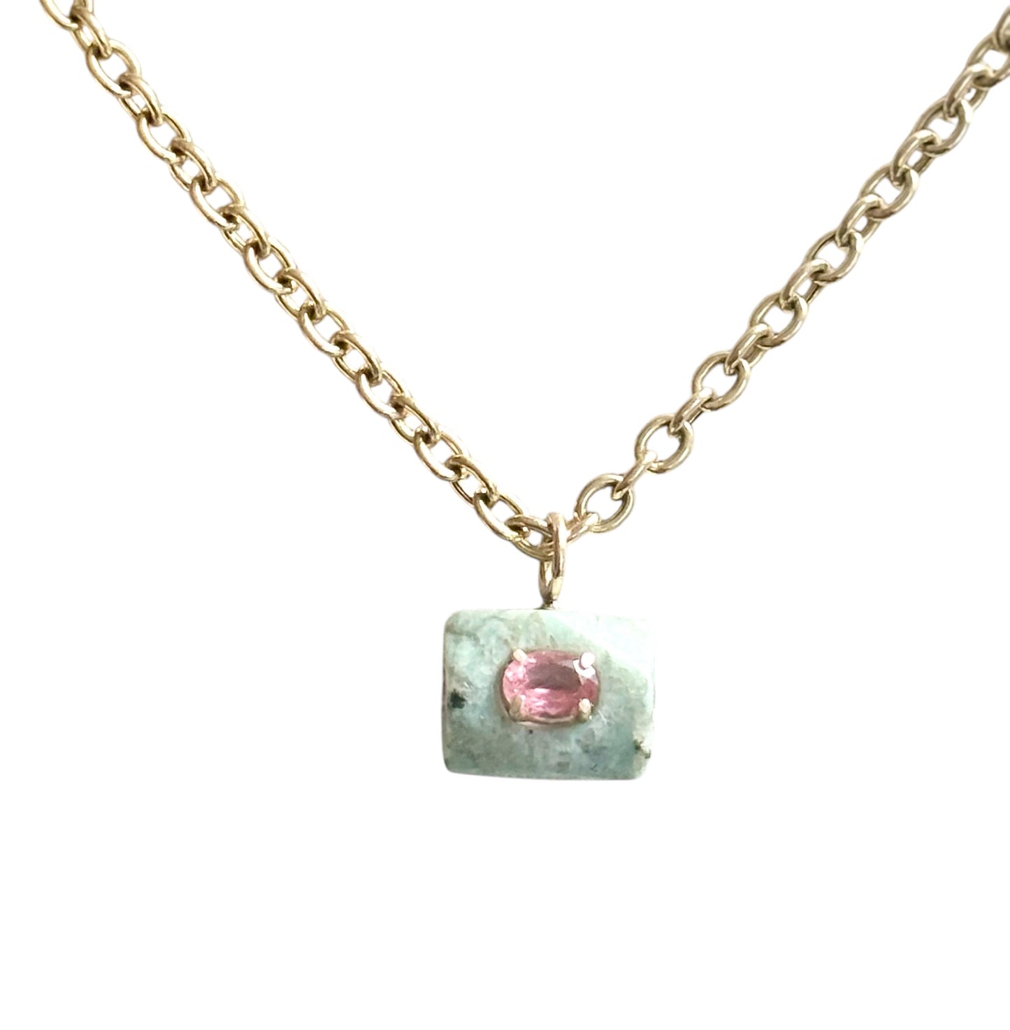 Ancient Amazonite Pendant, pink tourmaline & emerald