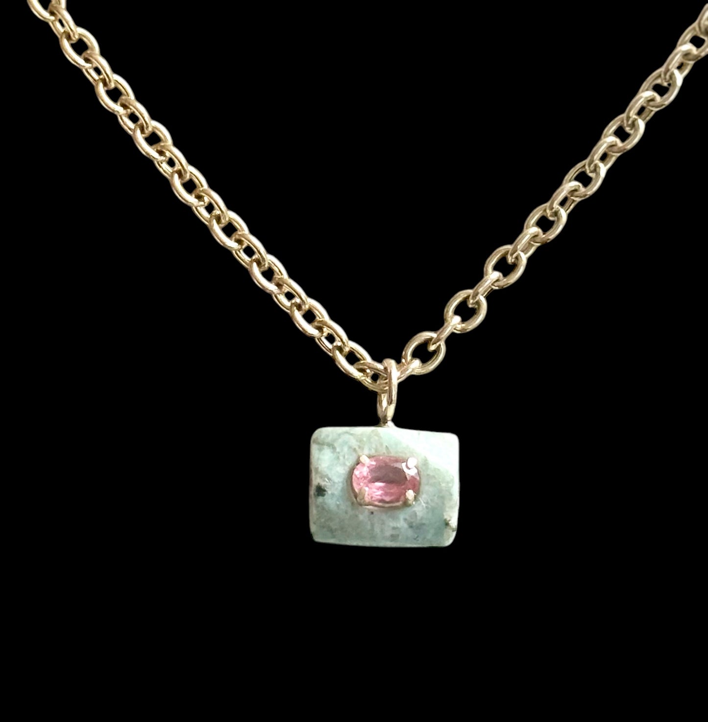 Ancient Amazonite Pendant, pink tourmaline & emerald