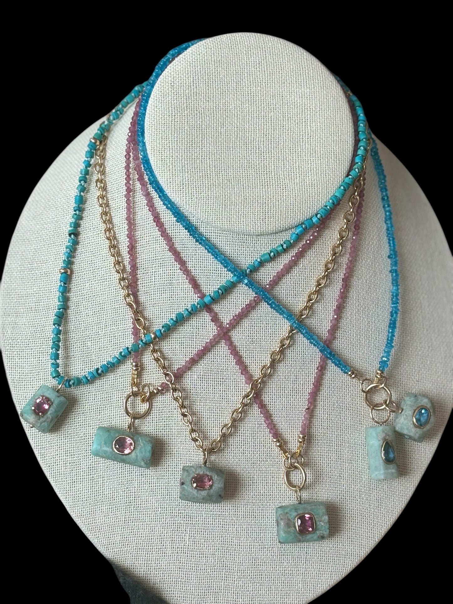 Ancient Amazonite Pendant, pink tourmaline & emerald