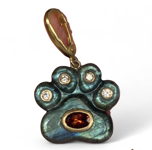 Dog Paw Pendant, Labradorite with Diamonds & Tourmaline