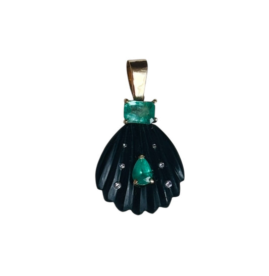 Black Onyx Sea Shell Pendant with Emeralds & Diamonds