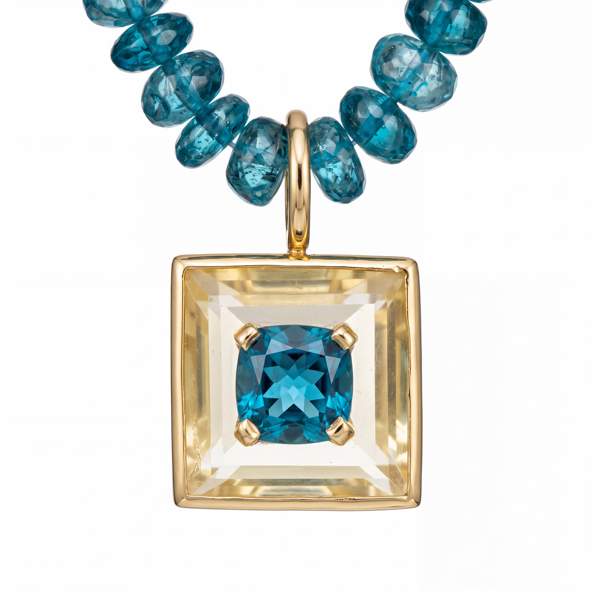 Disco Necklace: Citrine Square Pendant with London Blue Topaz & 14k Gold on 16” London Blue Topaz Beaded Necklace