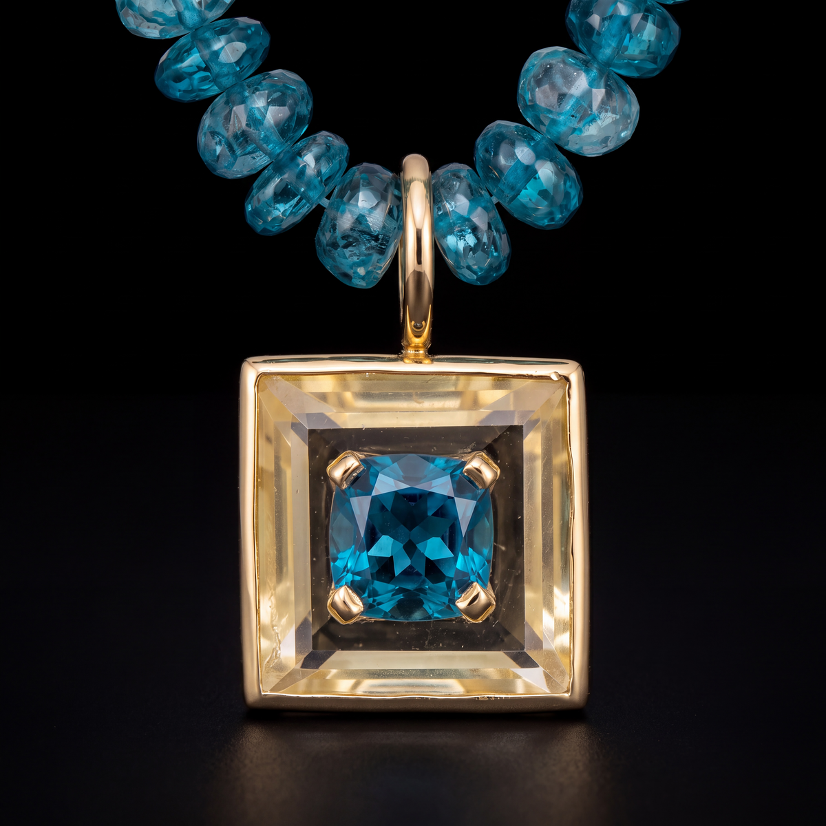 Disco Necklace: Citrine Square Pendant with London Blue Topaz & 14k Gold on 16” London Blue Topaz Beaded Necklace