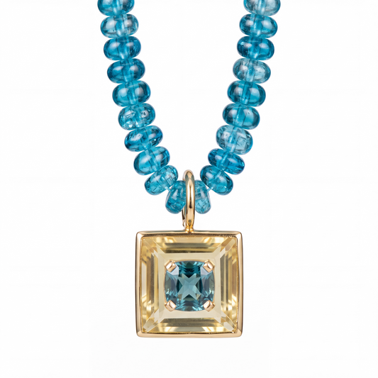 Disco Necklace: Citrine Square Pendant with London Blue Topaz & 14k Gold on 16” London Blue Topaz Beaded Necklace