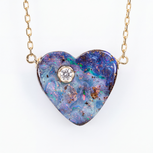 Australian Opal Heart Necklace with Diamond & 14k Gold