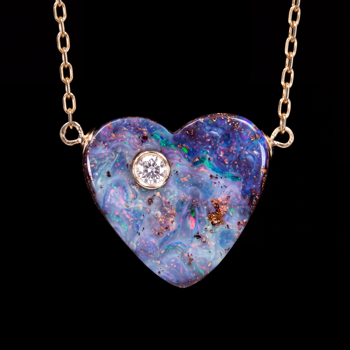 Australian Opal Heart Necklace with Diamond & 14k Gold