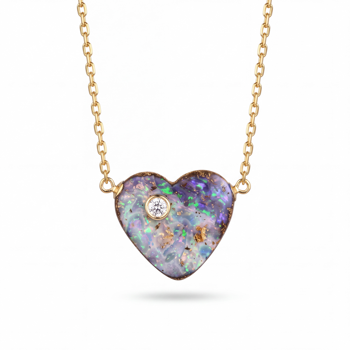 Australian Opal Heart Necklace with Diamond & 14k Gold