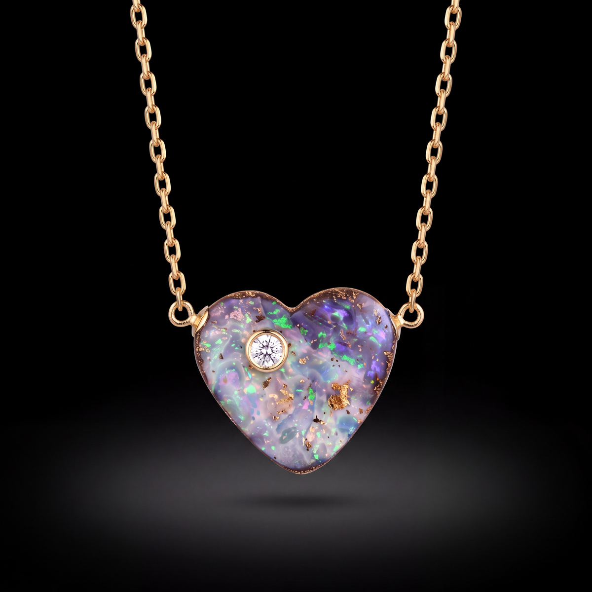 Australian Opal Heart Necklace with Diamond & 14k Gold