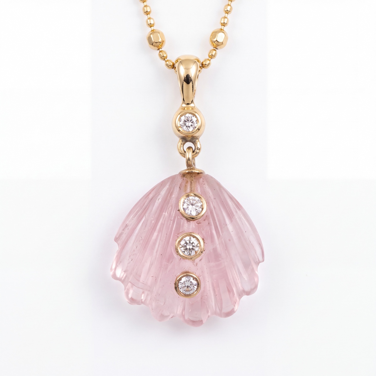 Rose Quartz Shell Necklace with Diamonds & 14k Gold