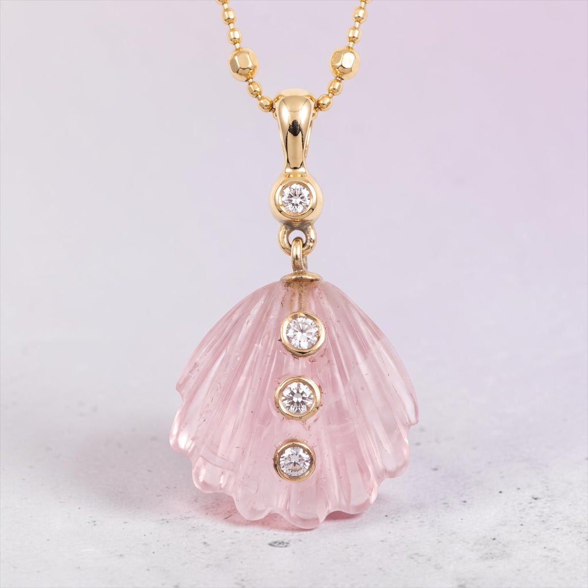 Rose Quartz Shell Necklace with Diamonds & 14k Gold