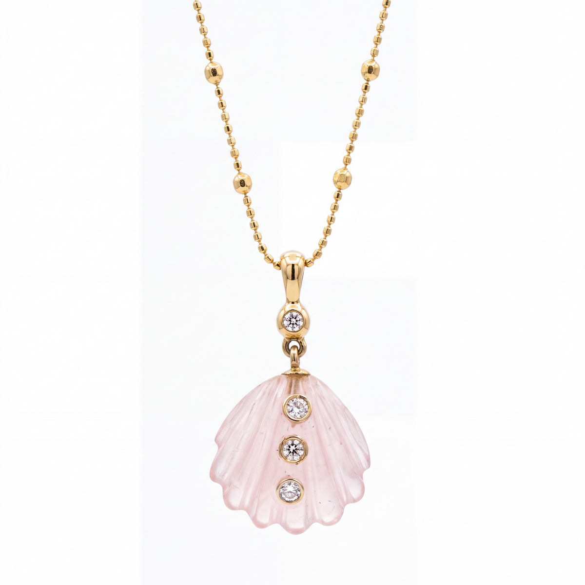 Rose Quartz Shell Necklace with Diamonds & 14k Gold