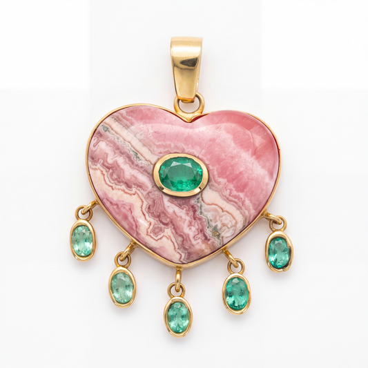 Rhodochrosite Large Heart Pendant with Emeralds