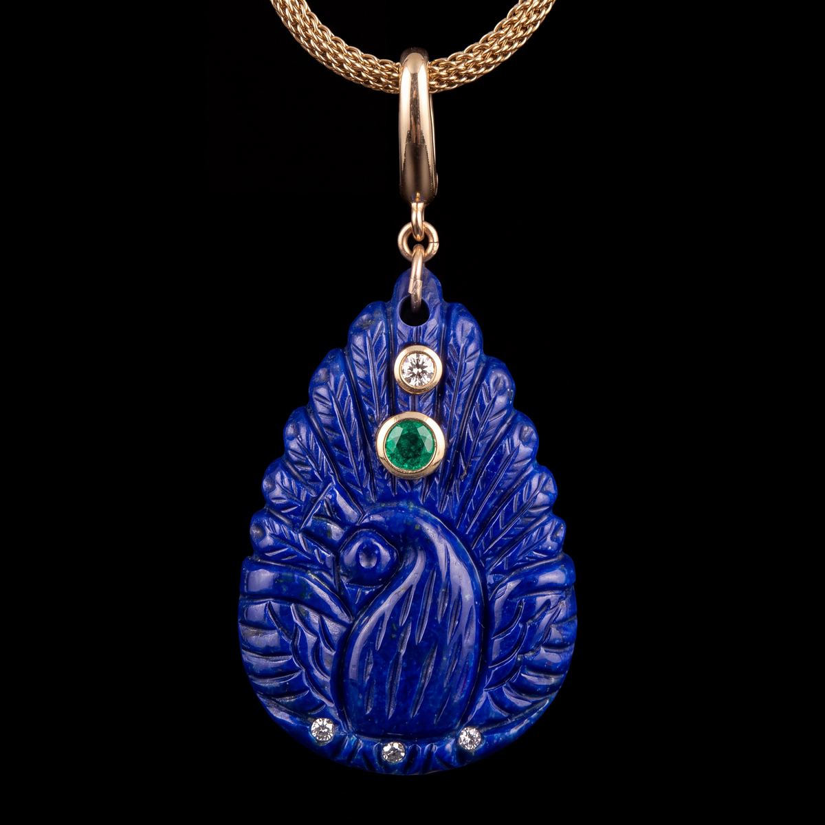 Lapis Peacock Pendant with Emerald, Diamonds & 14k Gold