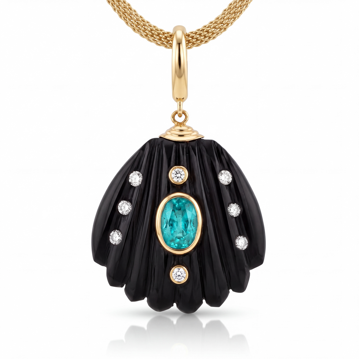 Black Onyx Shell Pendant with Emerald, Diamonds & 14k Gold