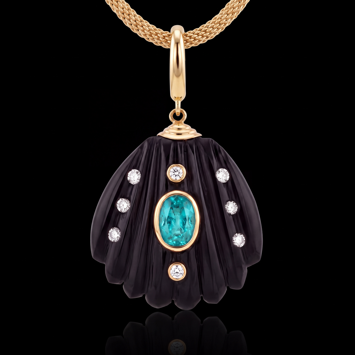 Black Onyx Shell Pendant with Emerald, Diamonds & 14k Gold
