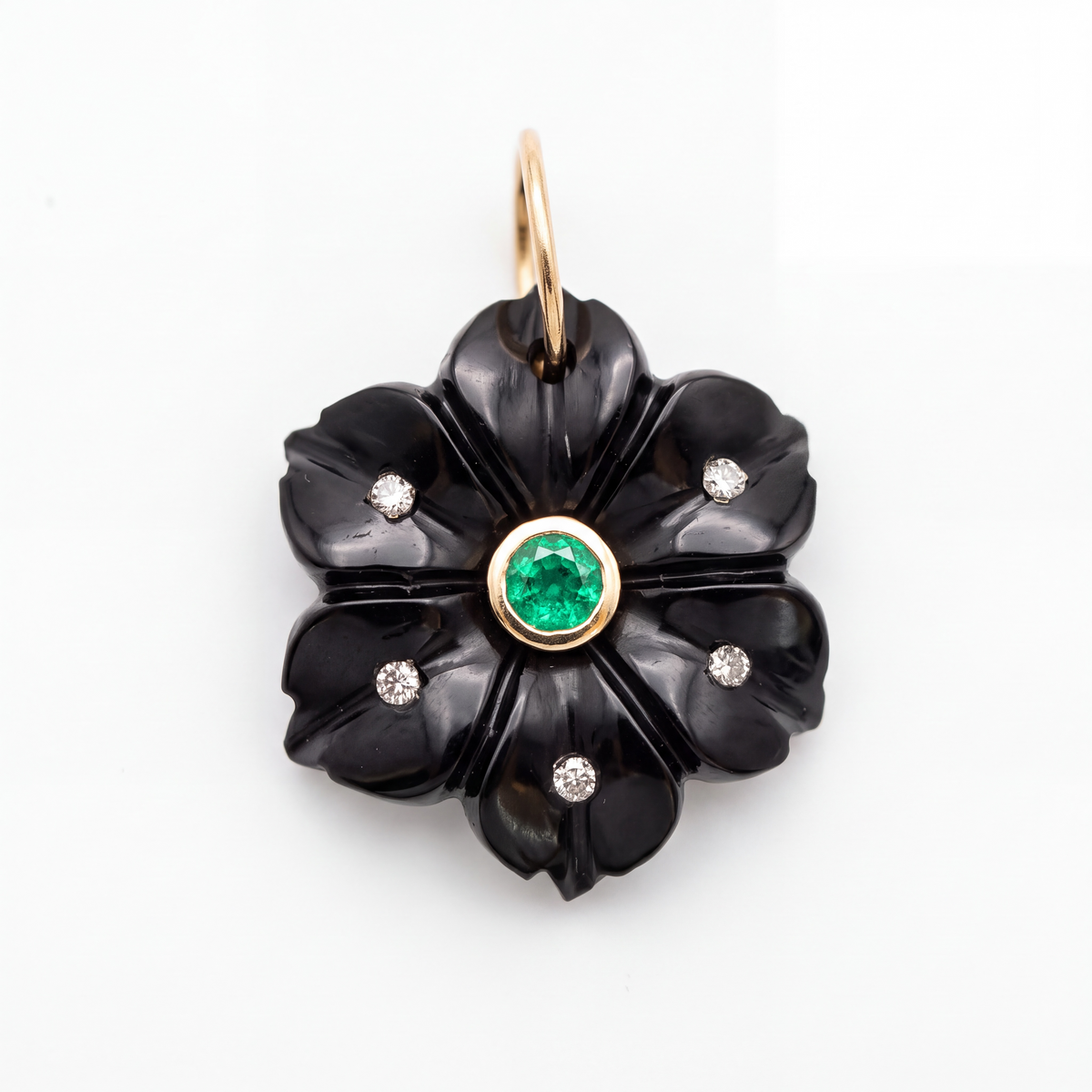 FLORA Pendant, Black Onyx with Emerald, Diamonds & 14k Gold