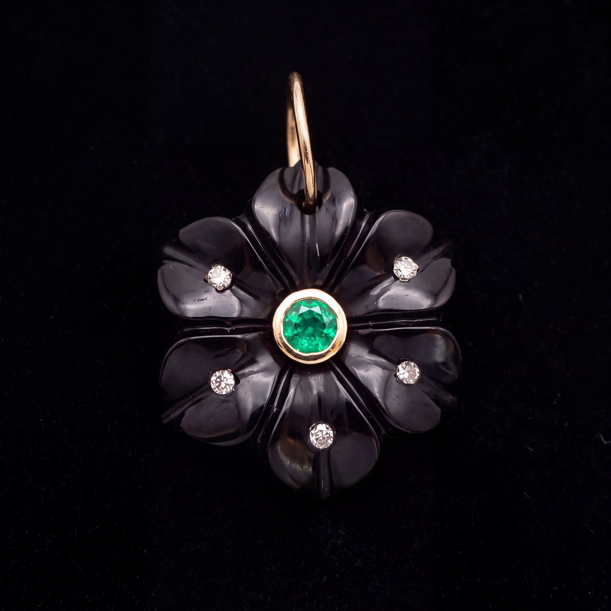 FLORA Pendant, Black Onyx with Emerald, Diamonds & 14k Gold