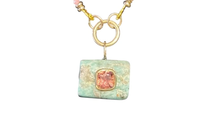 Ancient Amazonite Pendant, with double-sided pink tourmalines