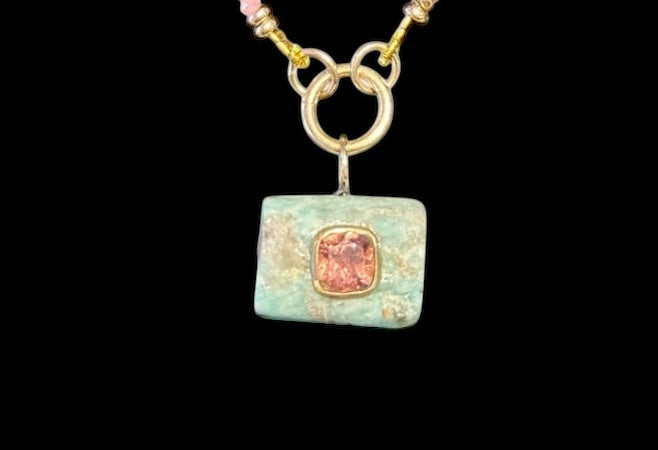 Ancient Amazonite Pendant, with double-sided pink tourmalines