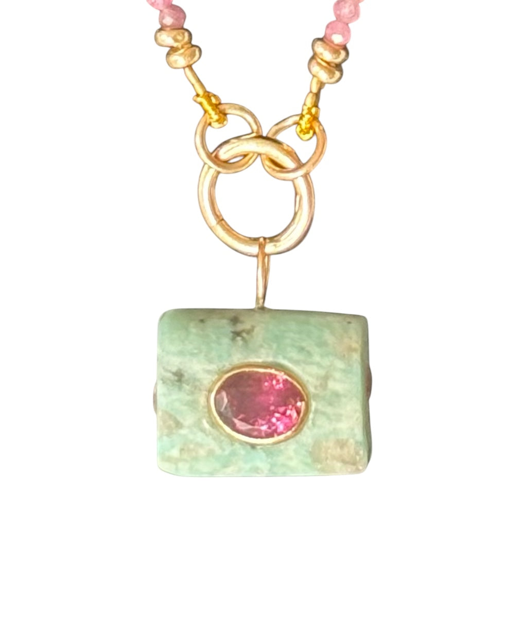 Ancient Amazonite Pendant, with double-sided pink tourmalines