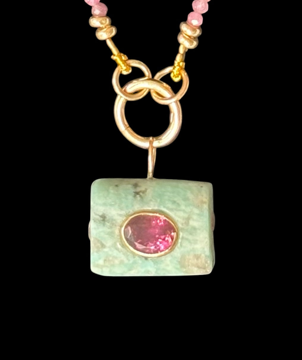 Ancient Amazonite Pendant, with double-sided pink tourmalines