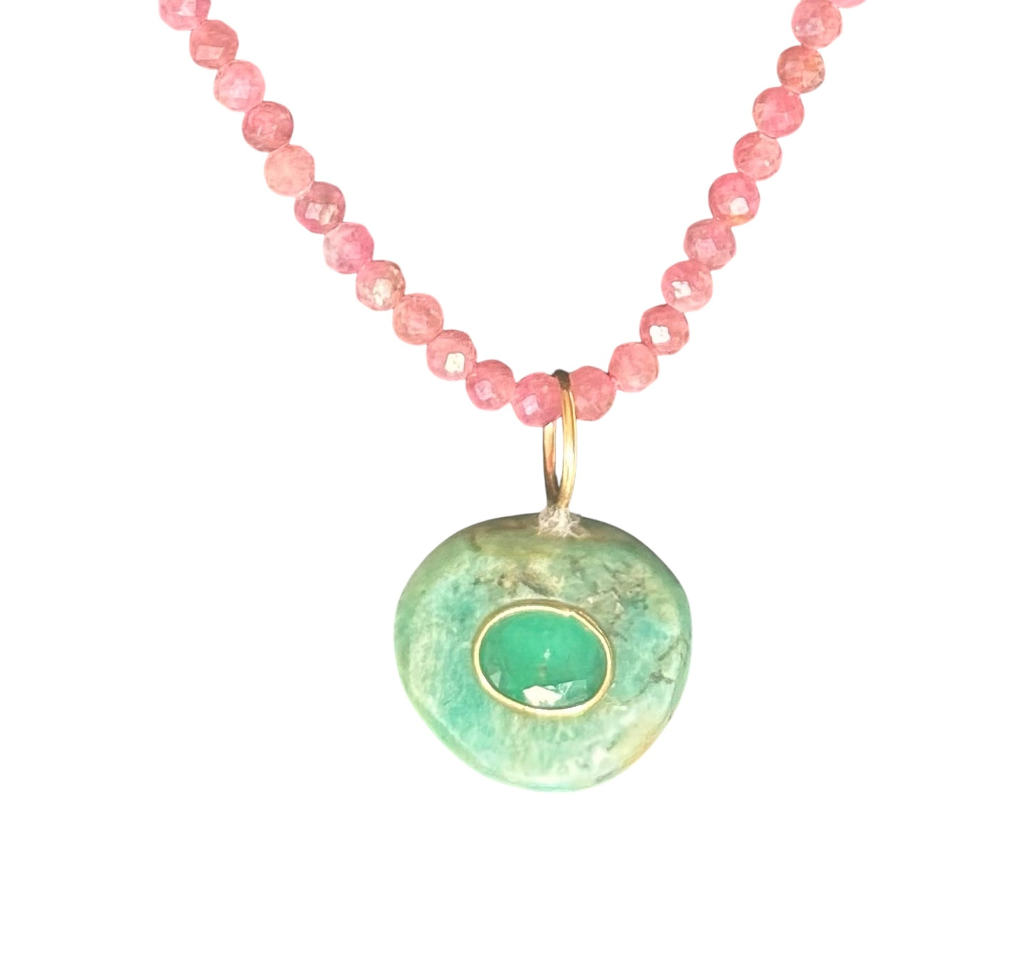 Ancient Amazonite Pendant with pink tourmaline/emerald on a pink tourmline necklace