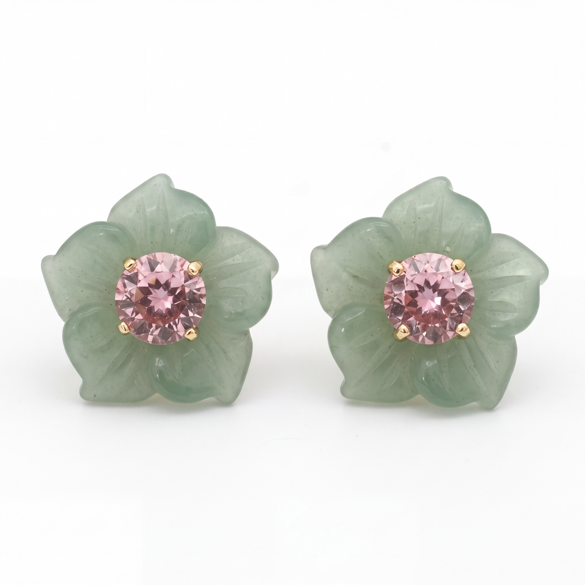 FLORA Stud Earrings, Green Aventurine with Pink Tourmaline & 14k Gold