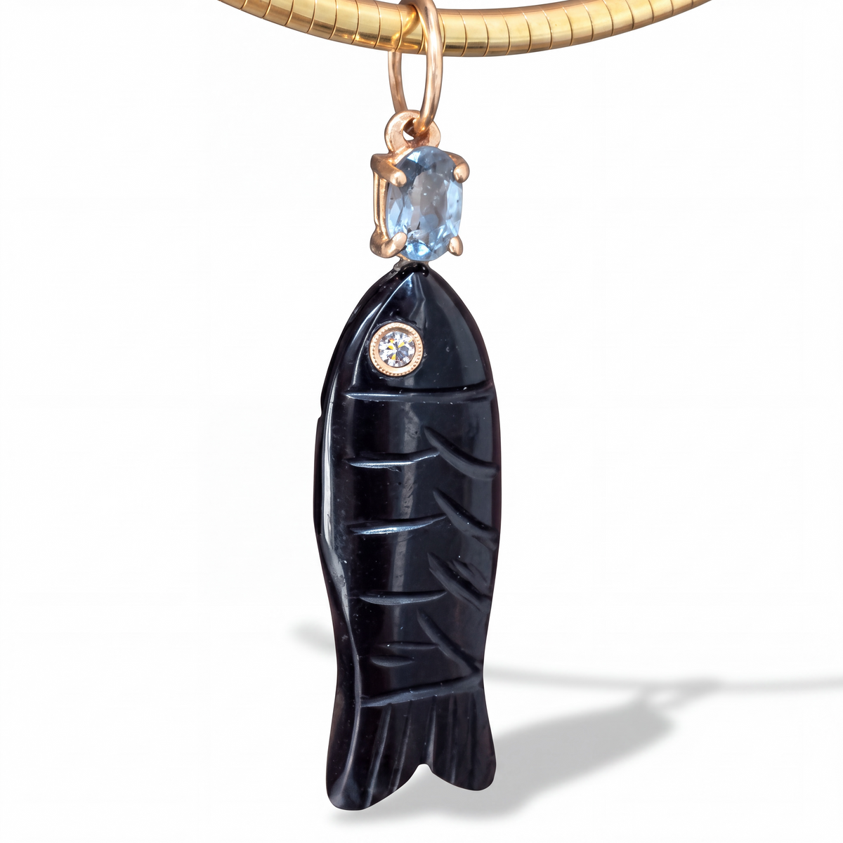 Perfect Poisson Pendant, Black Onyx, Diamond, Spinel &14k Gold