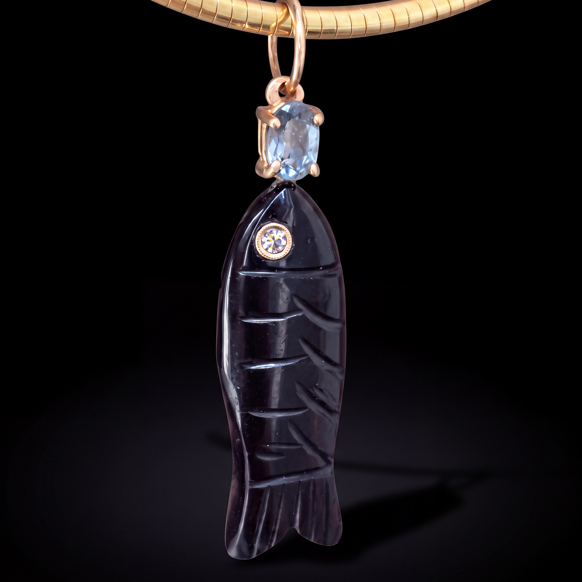 Perfect Poisson Pendant, Black Onyx, Diamond, Spinel &14k Gold