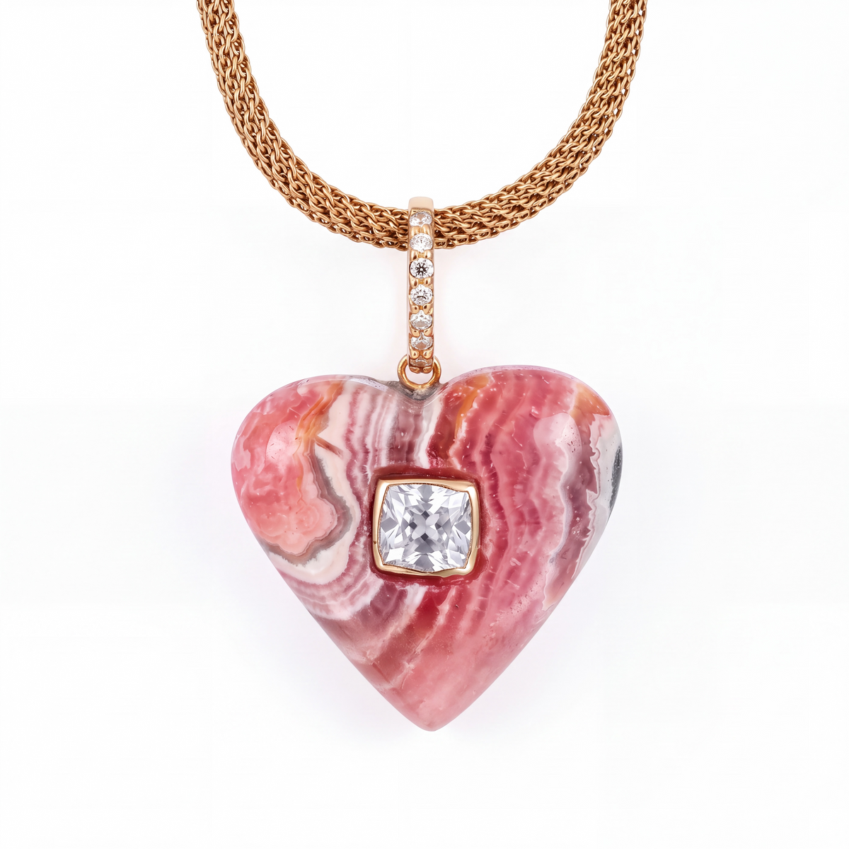 Rhodochrosite Heart Pendant with Spinel, Diamonds & 14k Gold