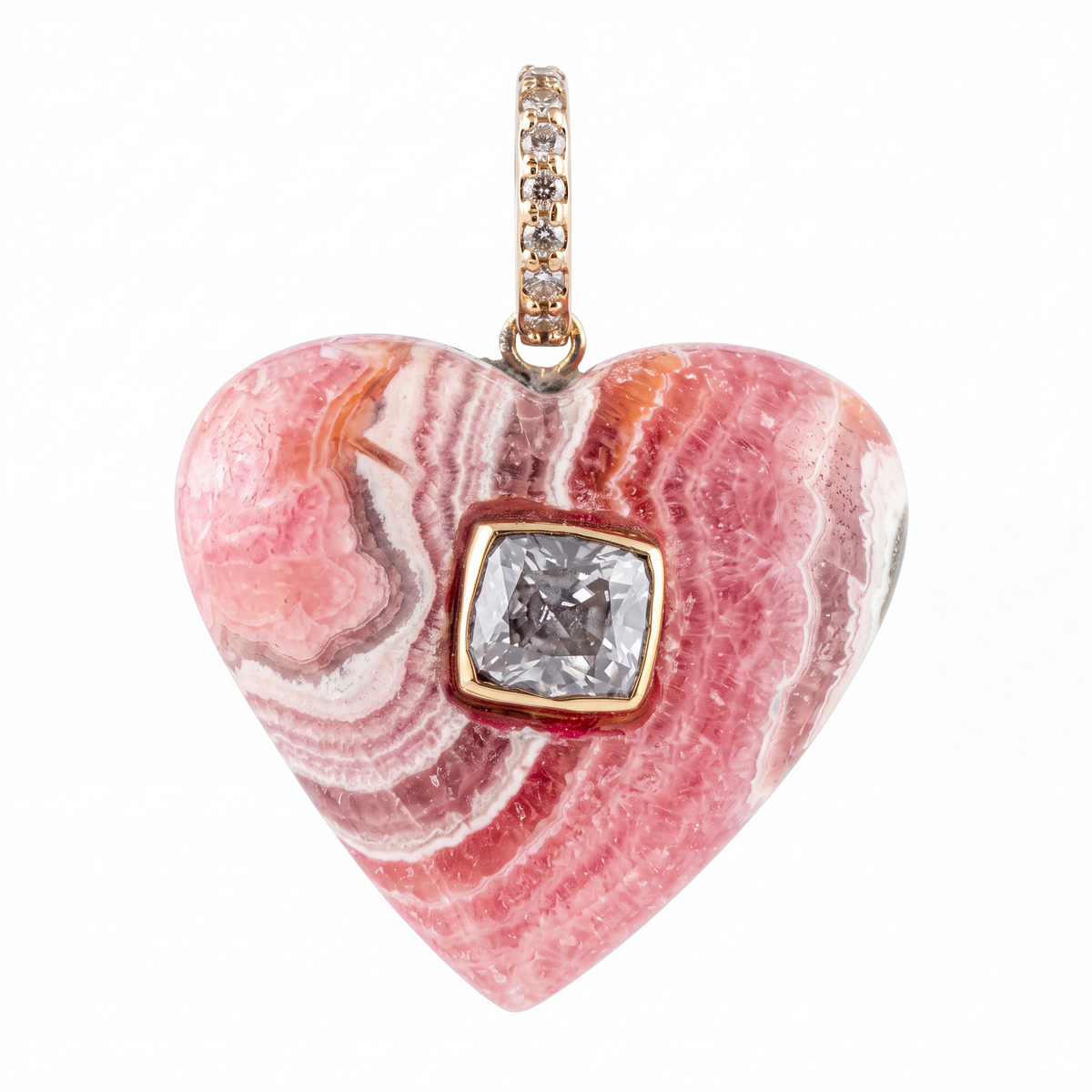 Rhodochrosite Heart Pendant with Spinel, Diamonds & 14k Gold