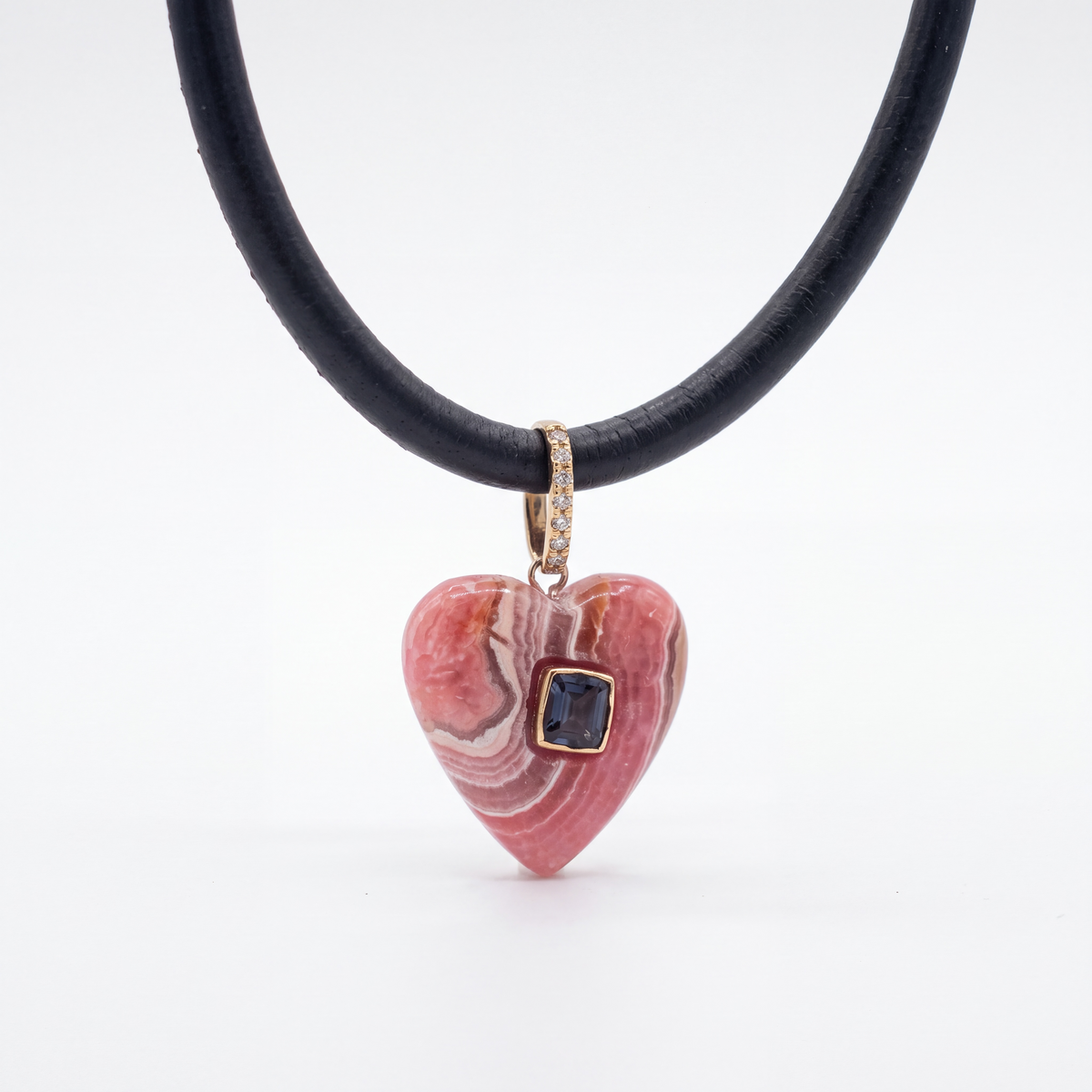 Rhodochrosite Heart Pendant with Spinel, Diamonds & 14k Gold