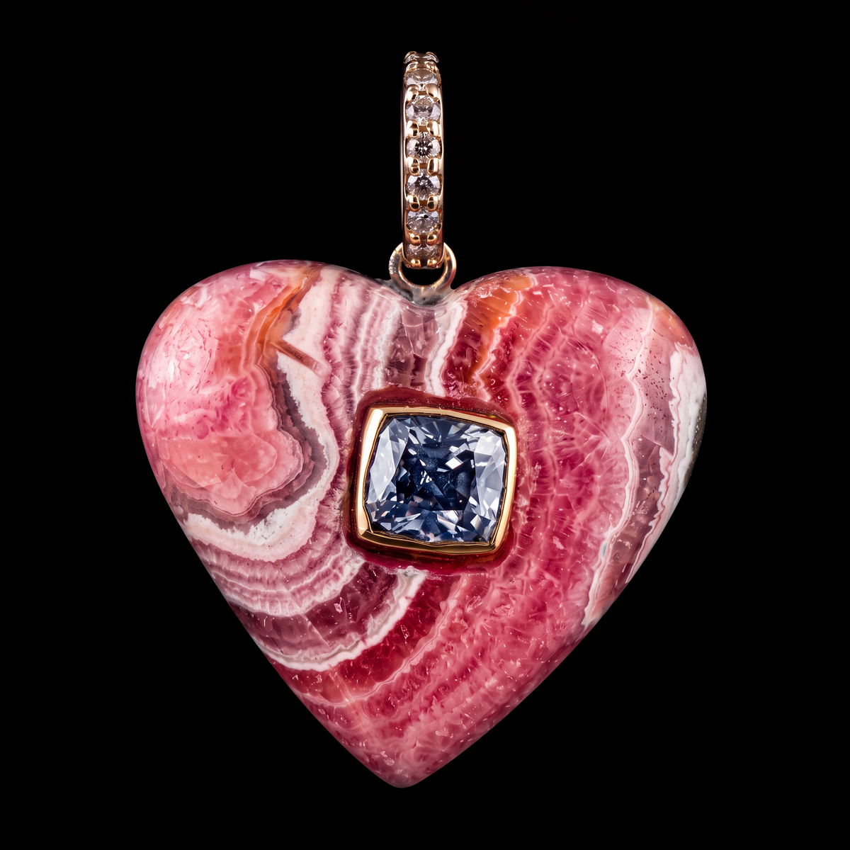 Rhodochrosite Heart Pendant with Spinel, Diamonds & 14k Gold