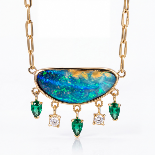 Australian Opal Necklace with Diamonds & Colombian Emeralds, 14k Paperclip Chain