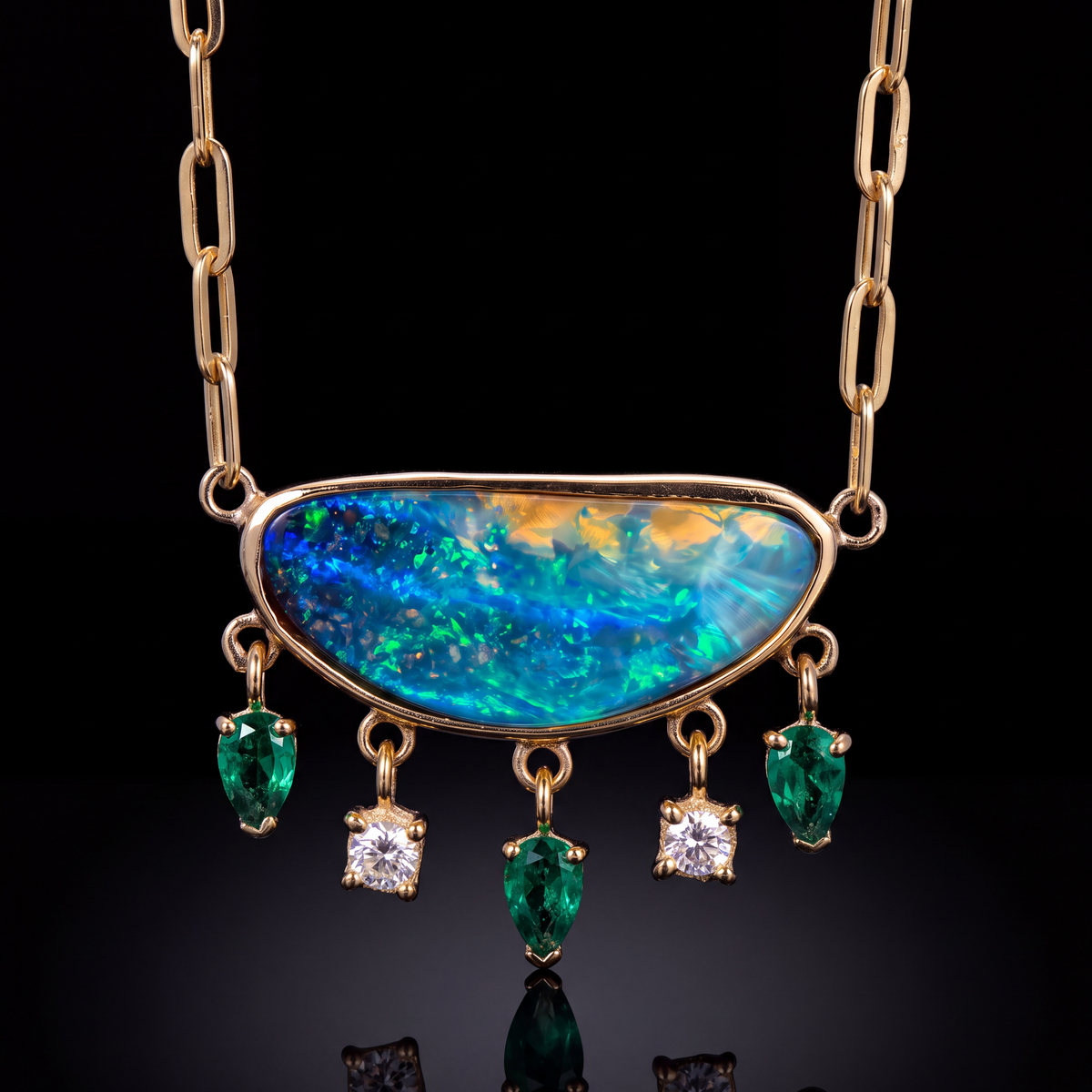 Australian Opal Necklace with Diamonds & Colombian Emeralds, 14k Paperclip Chain