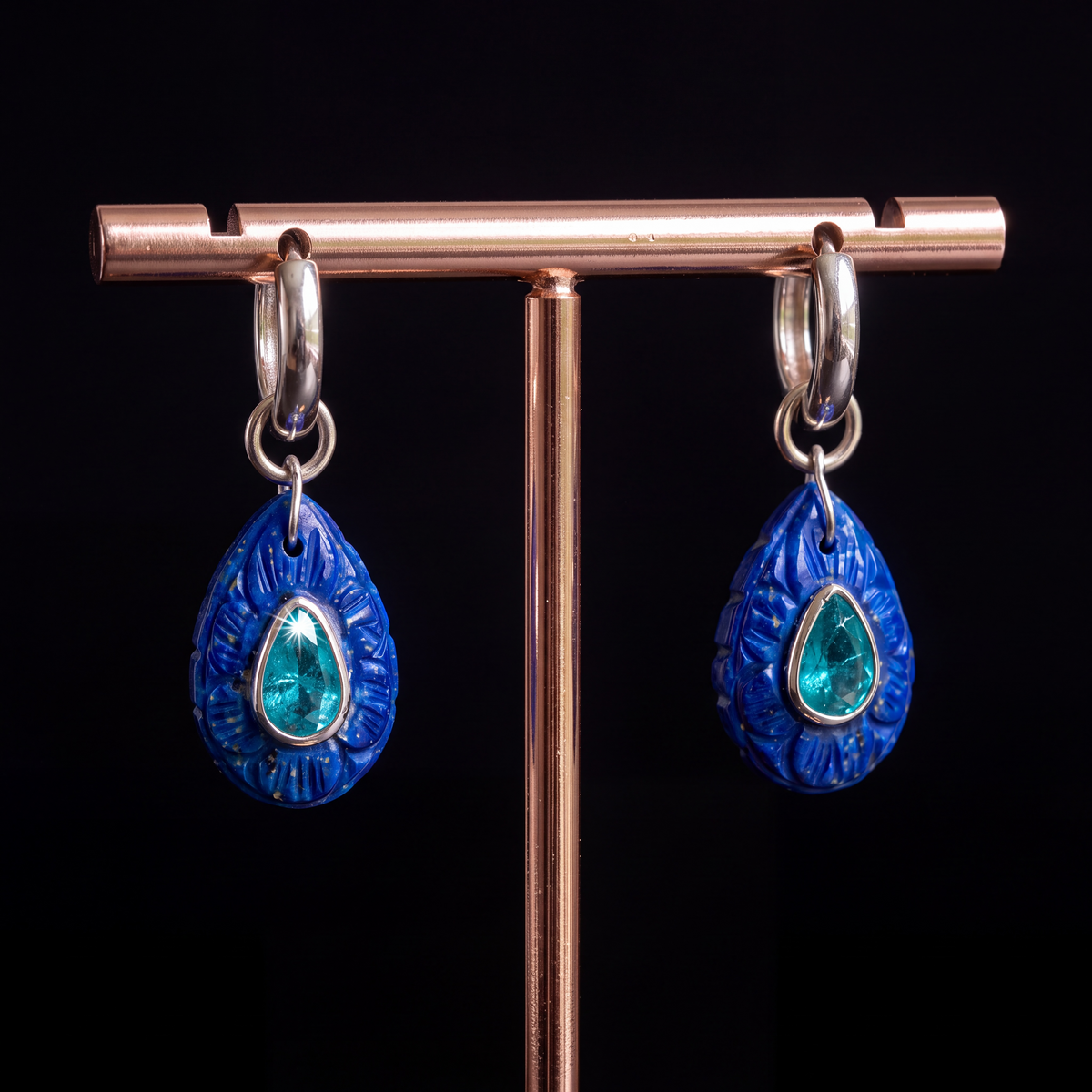 FLORA Petal Earrings, Lapis, Emeralds, Diamonds & 14k Gold