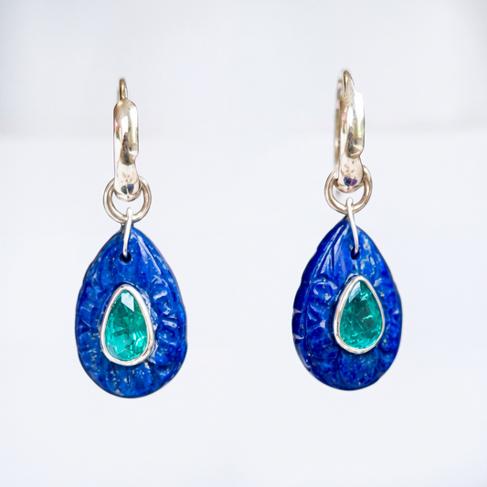 FLORA Petal Earrings, Lapis, Emeralds, Diamonds & 14k Gold