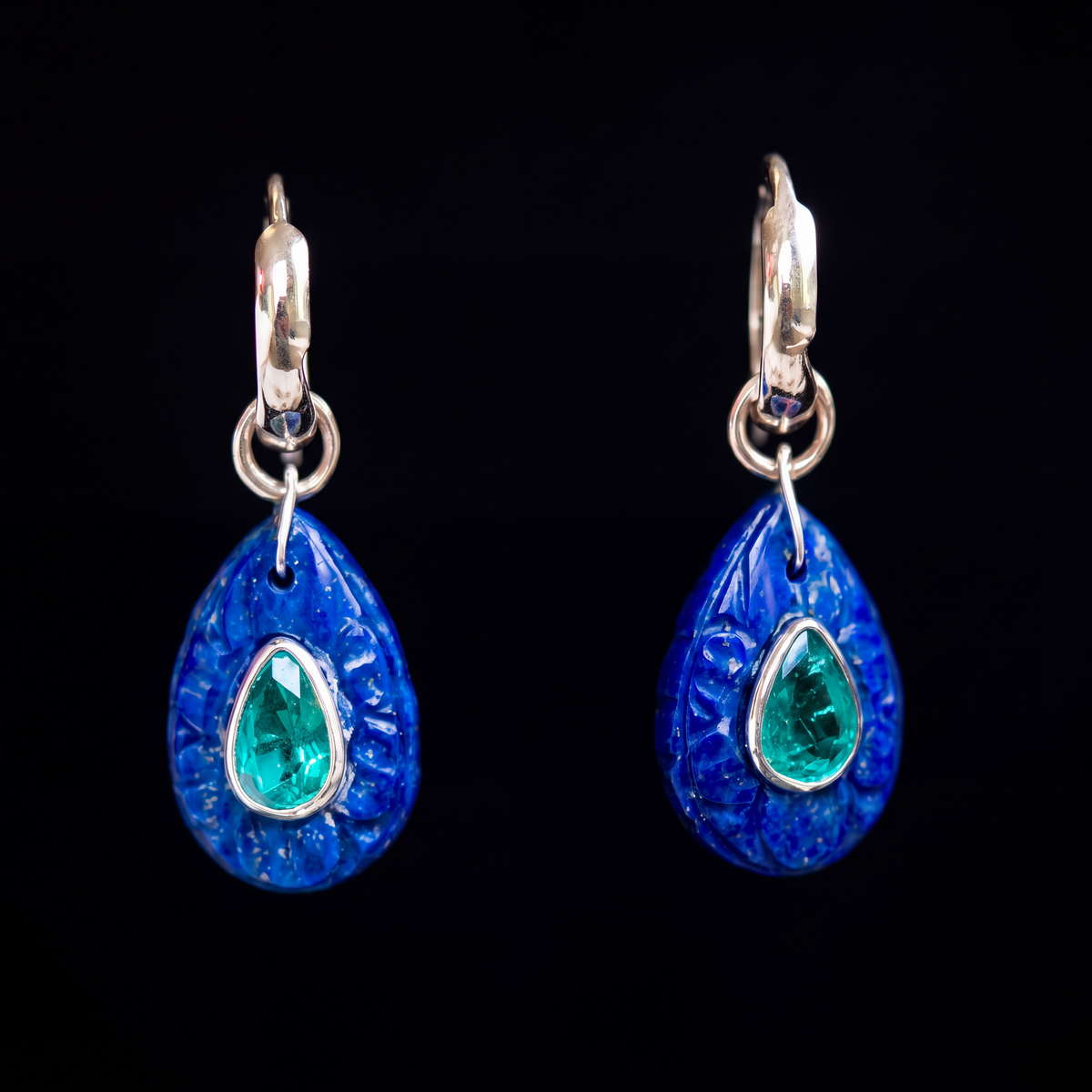 FLORA Petal Earrings, Lapis, Emeralds, Diamonds & 14k Gold