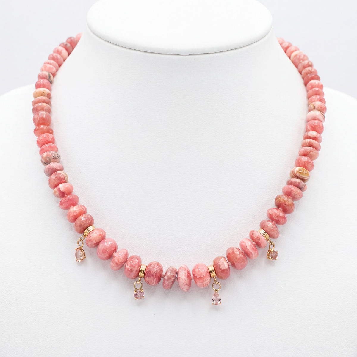 Rhodochrosite Rondelle Necklace with Pink Spinel & 14k Gold