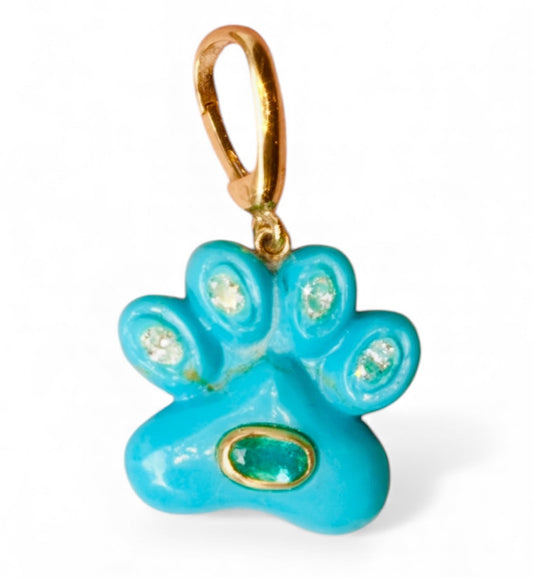 Dog Paw Pendant, Turquoise with Diamonds