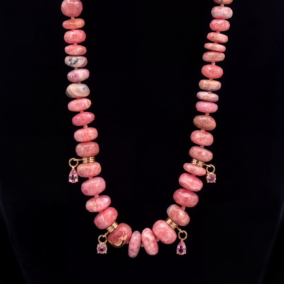 Rhodochrosite Rondelle Necklace with Pink Spinel & 14k Gold