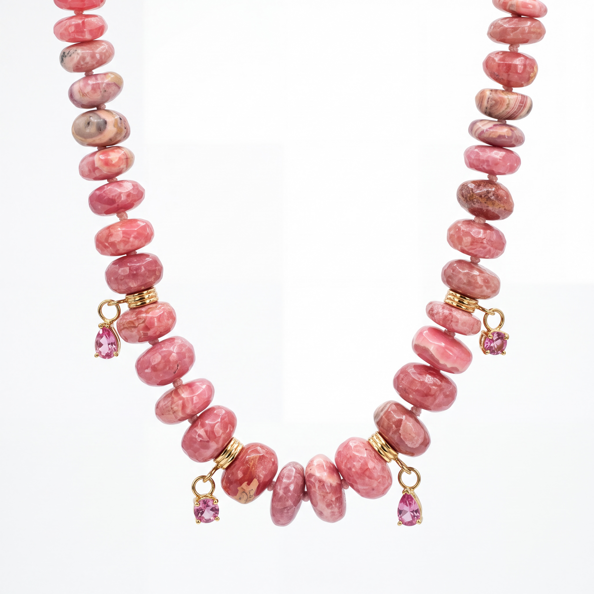 Rhodochrosite Rondelle Necklace with Pink Spinel & 14k Gold