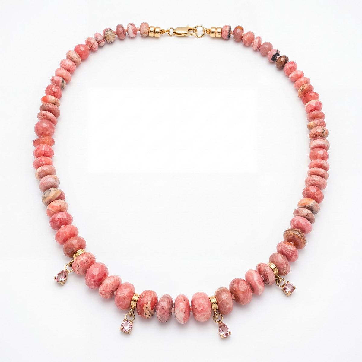 Rhodochrosite Rondelle Necklace with Pink Spinel & 14k Gold