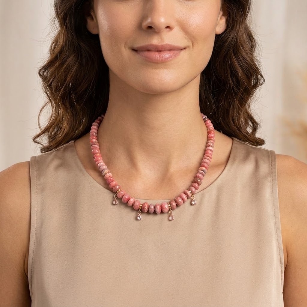 Rhodochrosite Rondelle Necklace with Pink Spinel & 14k Gold