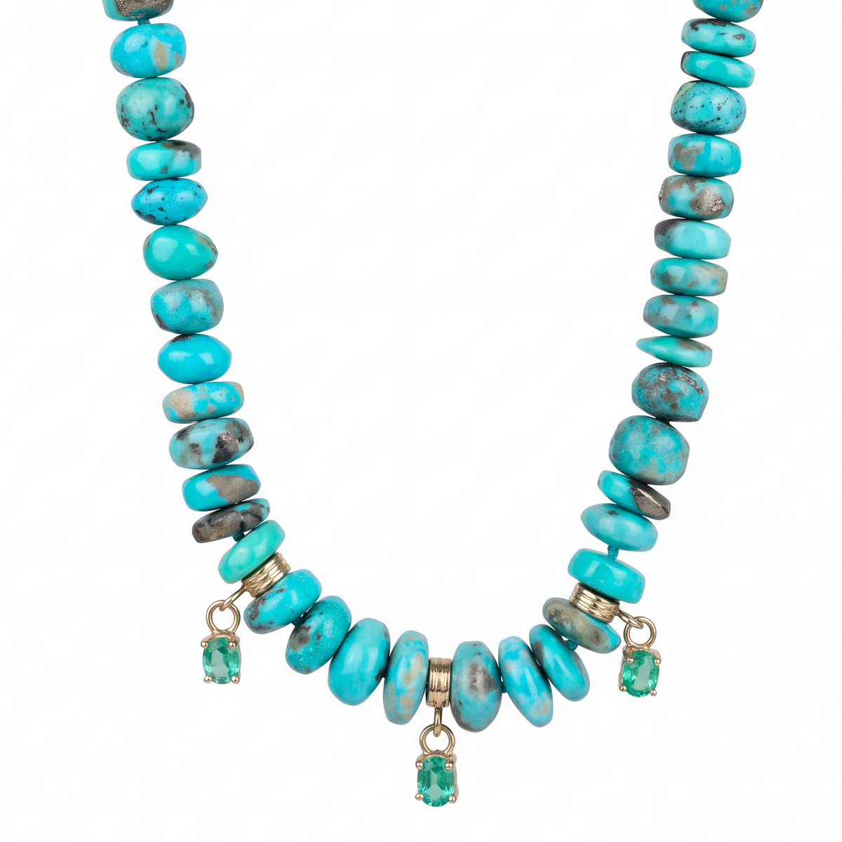 Arizona Turquoise and Zambian Emerald Necklace with 14k Gold